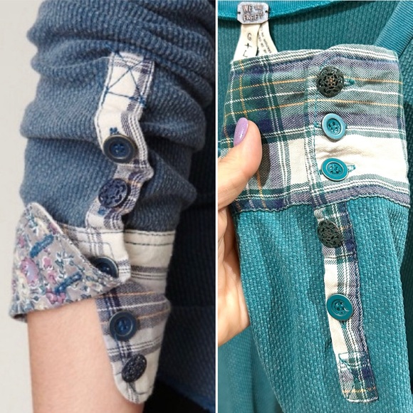 Free People We The Free Teal Lou Thermal Tunic Plaid Floral Cuffs Size L - Picture 3 of 8